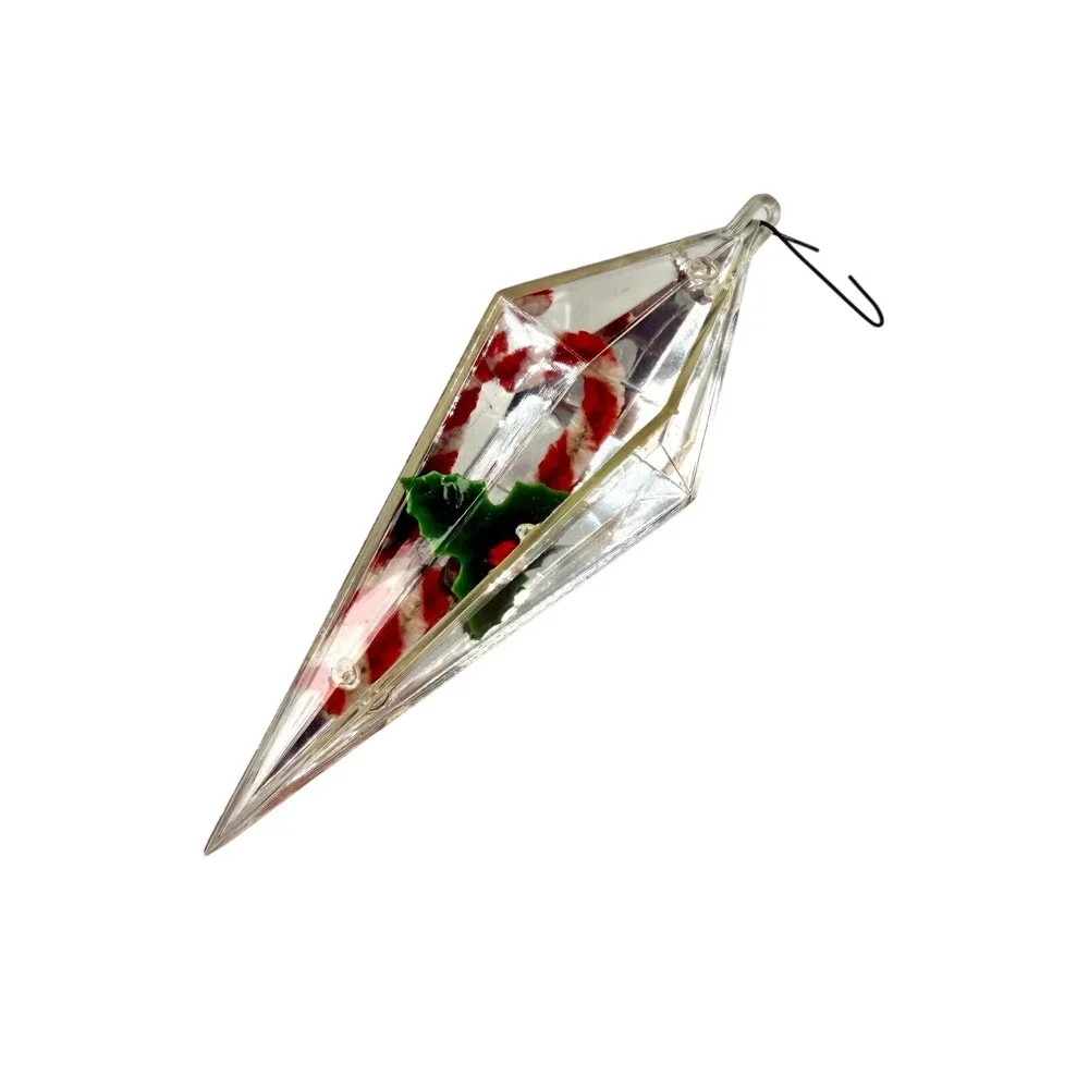 Jewelbrite Mid Century Pink Plastic Diorama‎ Icicle Ornament Candy Cane Holly